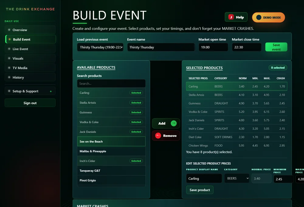 Drink Exchange event builder with product selection, event schedule and pricing controls