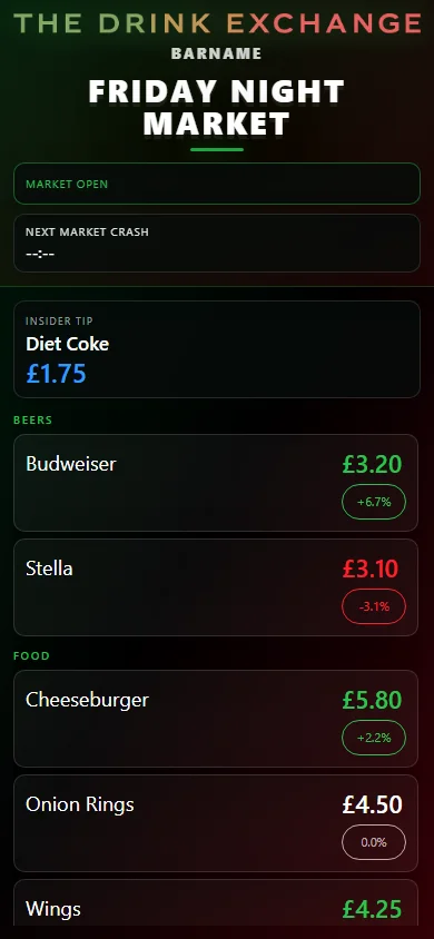 Example customer phone view showing live drink prices, price movement and market crash countdown